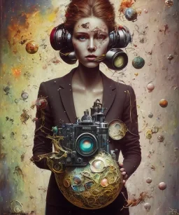 happy beautiful girl holding big proffesional camera in studio. street art, oil on canvas, spray paint, collage, letters, newspapeers, Dave McKean, Vladimir Fedotko, Saturno Butto, Vaughn Bodé, Frank Wu, James C. Christensen, collage, dirty, paint dripping, radiant