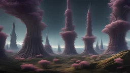 4k, Photorealism, hyper realistic, Stretching as far as the eye can see, a mesmerizing techno-organic landscape unfolds. Towering terraforming spires, crowned with intricate arrays, punctuate the horizon. Pulsating with a gentle luminescence, these towers channel energy into the very earth, causing flora and fauna to intertwine with gleaming biomechanical tendrils. Amidst this symphony of nature and technology, a harmonious ecosystem thrives, where the boundary between the organic and synthetic