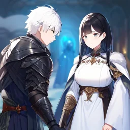 Girl with white hair wearing white robes. Boy with black hair wearing leather armor