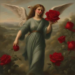 a woman in a greenfield carrying red roses with the angel behind