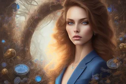 A beautiful light brown-haired, light-skinned woman in an elegant blue suit, graveyard and clocks highly detailed digital painting elegant very attractive beautiful award winning fantastic view crisp quality very cute acrylic art in the sunlight