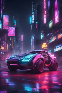 Futuristic car, neon lights, cyberpunk vibes, piece of art, 60000+ years in the future, anime style, 10k, highly detailed