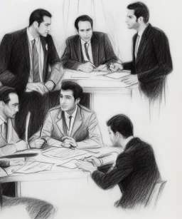 Pencil sketch of Four doctors are discussing ، on lined paper