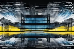 Double exposure transparent glich picture silhouette of a building, bridges, white noise, distorted, abstract patterns, glitch art with distorted shapes, optical illusion, gray-yellow and blue gradient effect, rhythmic noise particles. Grain scored texture. Black background.