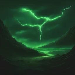 A glowing emerald green place and a broken chain, lightning sky, realistic art style