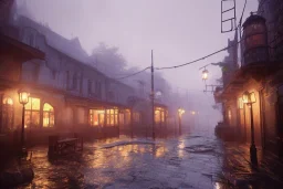 Fantasy town, rain, lights, tavern, misty, daytime, cobble streets