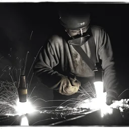 Imagen realista y dramática de una trabajador en una fábrica de fundición rodeado de las chispas que saltan, en medio de la penumbra, primer plano del trabajador mirando la pieza que funde. Fotografía periodística realizada con una cámara Leica y un objetivo de 50 mm