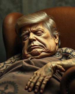 a chubby really old mummified corpse, eyes closed, donald trump hair, leaned over in a brown chair