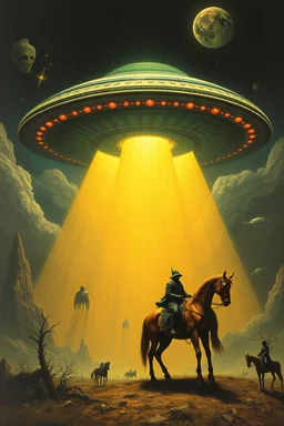 Hieronymus Bosch style nightmare huge ufo spaceship hovering above a man on horse