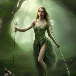 delicate hands with magic sceptre, halo, upper body of dark celtic in wonderland, fast walker, as a brunette young cute feminine woman, short hair, green forest ruins background, pond, mega flowers,peacock,sun light