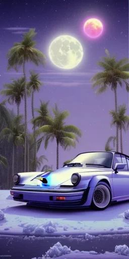 1980's aesthetic vaporwave palm trees with moon with porsche in the winter snow with lightning