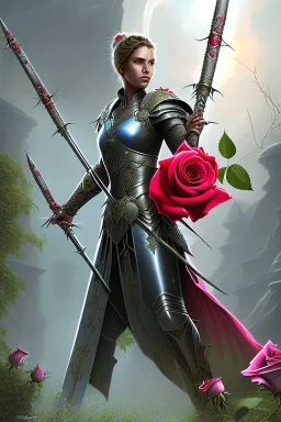 A large metal holy spear weapon covered in rose's and thorns, realistic, fantasy,