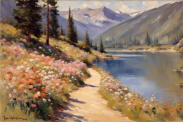 Mountains, lake, flowers, pathway, pine trees, sunny day, theodore robinson impressionism painting