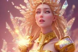 very beautiful crystal and gold goddess in a galactic ambiance, nice smiling, transparent petals, delicate colors, full of details, smooth, bright sunshine，soft light atmosphere, light effect，vaporwave colorful, concept art, smooth, extremely sharp detail, finely tuned detail, ultra high definition, 8 k, unreal engine 5, ultra sharp focus