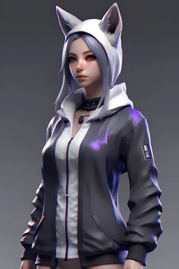 Future Human Kitsune female with black, grey, white, and purple coloration and clothing in a realistic style
