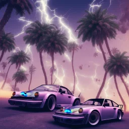 1980's aesthetic vaporwave palm trees and spheres and Porsche with lightning