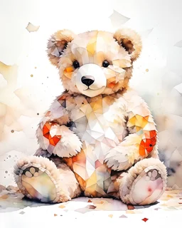 In the style of agnes cecile , a beautiful teddy bear, sitting, sunlight, stunning, spectacular, full light, patchwork quilt, white background