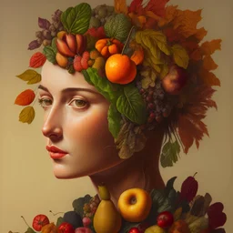 The head of a young woman, fruits, vegetables, autumn, still life, oil painting, style Arcimboldo