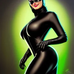 ultra detailed fullbody portrait of busty beautiful CatWoman, wearing skintight Black costume, extremely detailed digital painting, intrincate, extremely detailed smiling face,crystal clear Big Green eyes, in the style of Adam Hughes , mystical colors , perfectly centered image, perfect composition, rim light, beautiful lighting,8k, stunning scene, raytracing