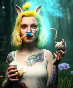 Ultra realistic wonderland photo, happy blonde woman smoking a pipe, blue dress, white rabbit pet, circus dress style, old school tattoo, smoke, marijuana garden, glow eyes, perfect iris, soft color, highly detailed, unreal engine 5, ray tracing, RTX, lumen lighting, ultra detail, volumetric lighting, high definition.