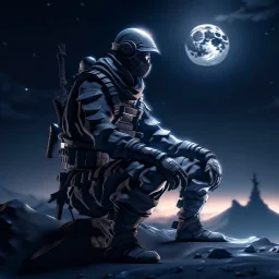 the last ninja on moon patrol, 8k, down-light, soft light, depth of field, photo realism, trending on art station, high detail