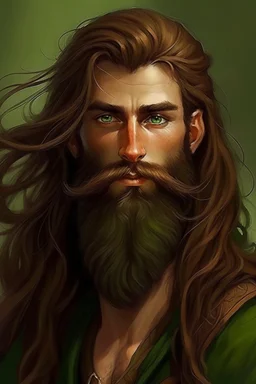 Gnom, braune lange wilde Haare, große Nase, gepflegter kurzer Bart, grüne Augen, schlank, hübsch, jung