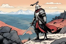 Bone Helm wait with his flail and his sword on the top of the hill (Based of the comic book Head Lopper & The Crimson Tower By Andrew Maclean with Jordie Bellaire)
