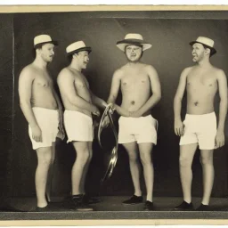 a group of four male friends with very small shorts on and large hats and holding trombones