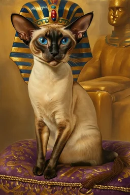A Oriental shorthair Siamese cat wearing a small Pharoah's crown .The cat is sitting up tall on a purple velvet royal Egyptian cushion with intricate gold design and gold thread tassels. BG is Pharoah on his throne in painterly, airbrushed, image. Bing.