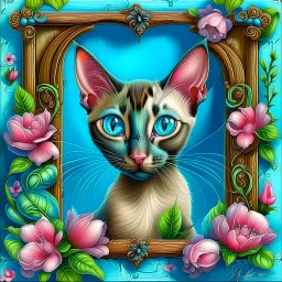 A chocolate point Oriental shorthair siamese kitten peeks out from a heart-shaped opening in a weathered turquoise door,surrounded by delicate pink flowers & green vines.The kitten's large,expressive eyes & soft fur create a charming & whimsical scene.realistic watercolor illustration vampiress, gothic attire, moonlit, alluring grin