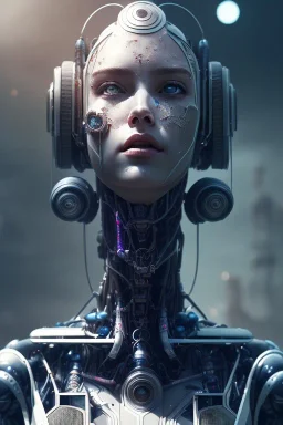 portrait,beautiful robot, post-apocalyptic in a cyberpunk city, realistic, intriacte detail, sci-fi fantasy style, volumetric lighting, particales,highly detailed,cinamatic, deep colours, 8k