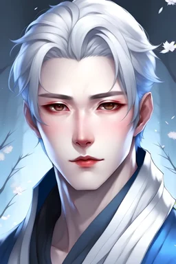 a snow-white medium-short haired hair with blue eyes with white greyish eyebrows that is a Japanese and has a medium length lip size and has spiky hairstyle that is around his 30s as a noble man in the medieval time period