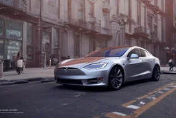 A Tesla 'Model S' is parked, on the streets of San Francisco. (CINEMATIC, WIDE ANGLE LENS, PHOTO REAL)