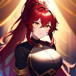 girl, masterpiece, best quality, volumetric lighting, dynamic pose, detailed outfit, perfect eyes, dark red hair, golden eyes, messy hair, long hair, hair in between the eyes, ponytail,