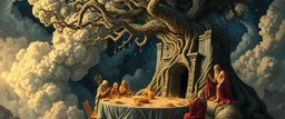 close up portrait of a myrriad and a star golem feast with greek gods, swirling illusion clouds, walls caving in, indian gods also, twisting grid blanket, tree with dimensional door