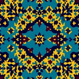 Front Symmetrical View Of Ethnic Cultural Pakistani Sindhi Ajrak Pattern. Using Colors Golden, Navy-Blue, Sky-Blue, Maroon And Black.