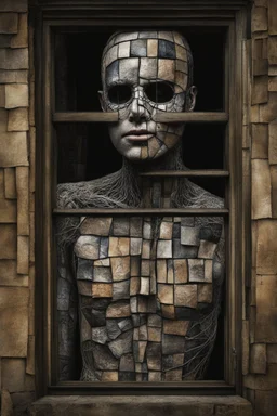 a human body patchwork sewn of big pieces of human skin. looking through a window. . scary. terrifying. intense horror. clive barker. h. r. giger. book cover art.