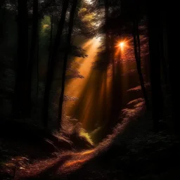 atmospheric deep orange light coming through a dark forest valley