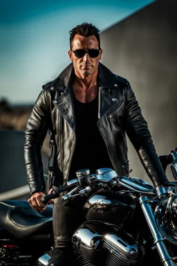 Handsome and muscular 40 year old Biker wearing a leather jacket and dark sunglasses standing with his arms folded leaning against a motorbike