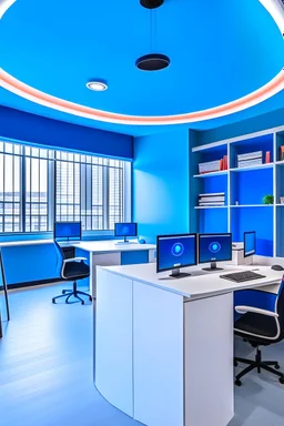 The office desks are hung on the walls in an oval shape, and the color of the walls is blue and the floor is white