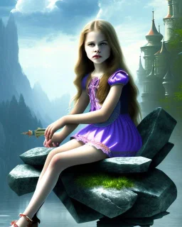 A young vampire girl sitting on a great stone throne