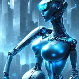 un robot new age femme bleu fond cité perdue