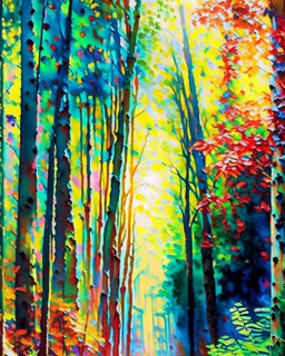 Bosque con árboles grandes, gruesos y frondosos, calidad ultra, hiperdetallado,12K, pintura arte acuarela impresionista maximalista, explosión de colores, increíble obra de arte