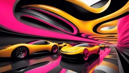 (hustle and bustle:55), (loop kick:10), (deconstruct:28), retro futurism style, urban canyon, cars of future oncoming, smooth curves, swirl dynamics, great verticals, great parallels, amazing reflections, excellent translucency, hard edge, colors of metallic grey and warm yellow and lollipop pink