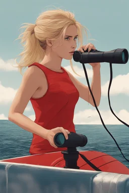 23 years old girl, with blond hair and a messy bun. standing on in a red boat, wearing red clothes and looking trough binoculars watching something in the middle of the sea.