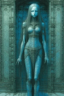 A beautiful girl with long hair , full body , front view . decayed and rotting with grotesque proportions and imagery. grotesqueries, detailed texture, surreal horror, biomechanical design, by hr giger and beksinski , on blue color