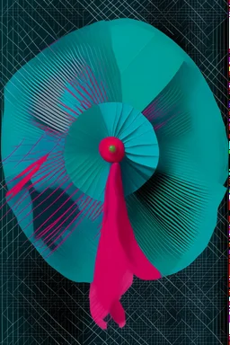 teal acrylic background with stylized spokes of a hand fan and a hot pink piece of gauze; Gouache on paper; Aleksandr Rodchenko