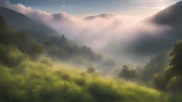 A peaceful and blissful scenery in the mountains of the Appalachian trail, we se majestic mountains with green meadows all around the valley of an enchanted origin that has mist above it and we see an ethereal glow on the outer skirts of the valley, even some fading glow of unknown origin, the harmony of the entire scene is something that people rarely realize, mellow pastel fantasy, UE5, ray traced, dark fantasy, cruel and harsh envoirment
