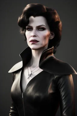 portrait of shae marks as evil queen in black leather gown, leather, angry, stern look, volumetric lighting, particales,highly detailed,cinematic, deep colours,8