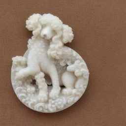 ivory brooch of a poodle, opalescent marble carving, decorative design, classical ornament, highly ornate, highly intricate, highly detailed etching, marble carving, warm lighting, linen backdrop